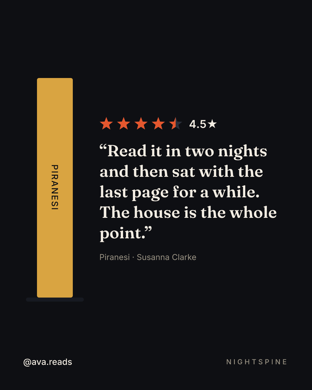 A Nightspine review card: an amber Piranesi spine standing on a ledge beside a four-and-a-half star rating and the quote “Read it in two nights and then sat with the last page for a while. The house is the whole point.”